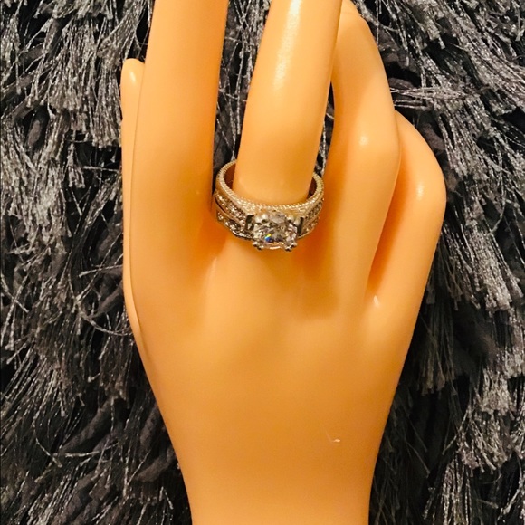 Silver Double Rings Set Shiny Stone For Lover 2 Pcs - Picture 3 of 6